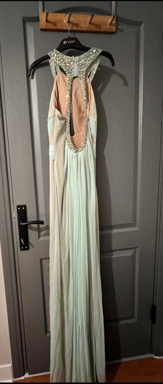 Bej Drapeli V Yakalı Sırt Dekolteli Uzun Abiye Elbise - Görsel 5