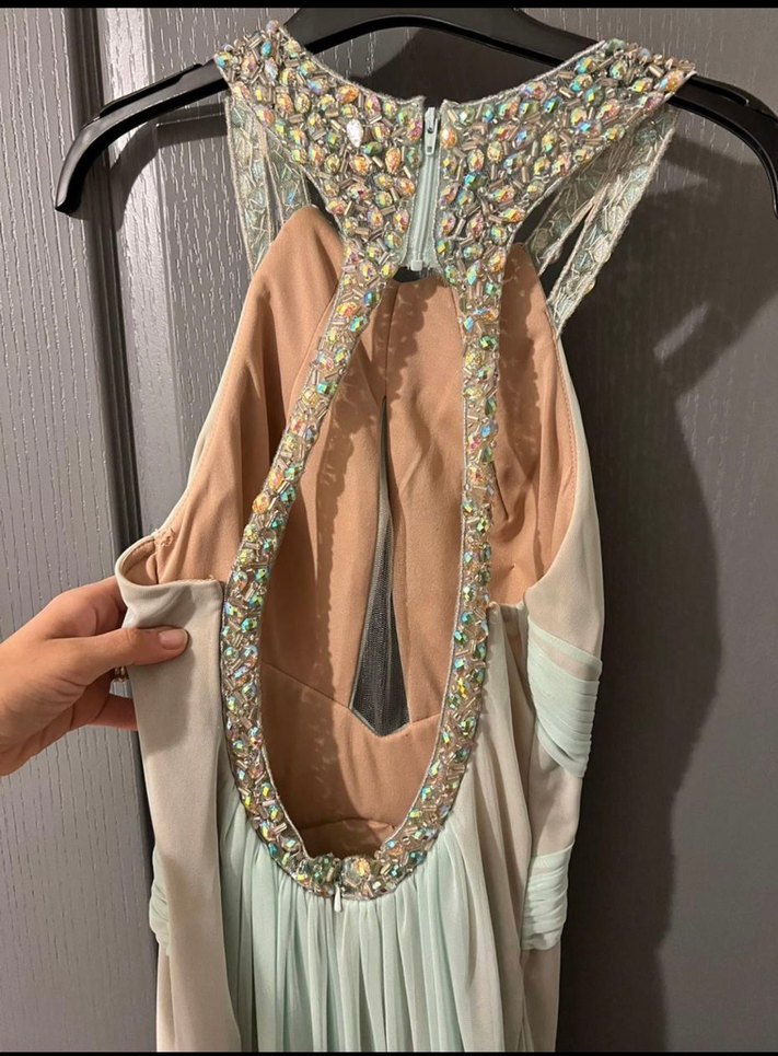 Bej Drapeli V Yakalı Sırt Dekolteli Uzun Abiye Elbise - Görsel 4