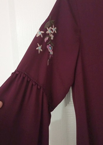 Bordo Nakışlı Uzun Kollu Bohem Tunik - Görsel 2