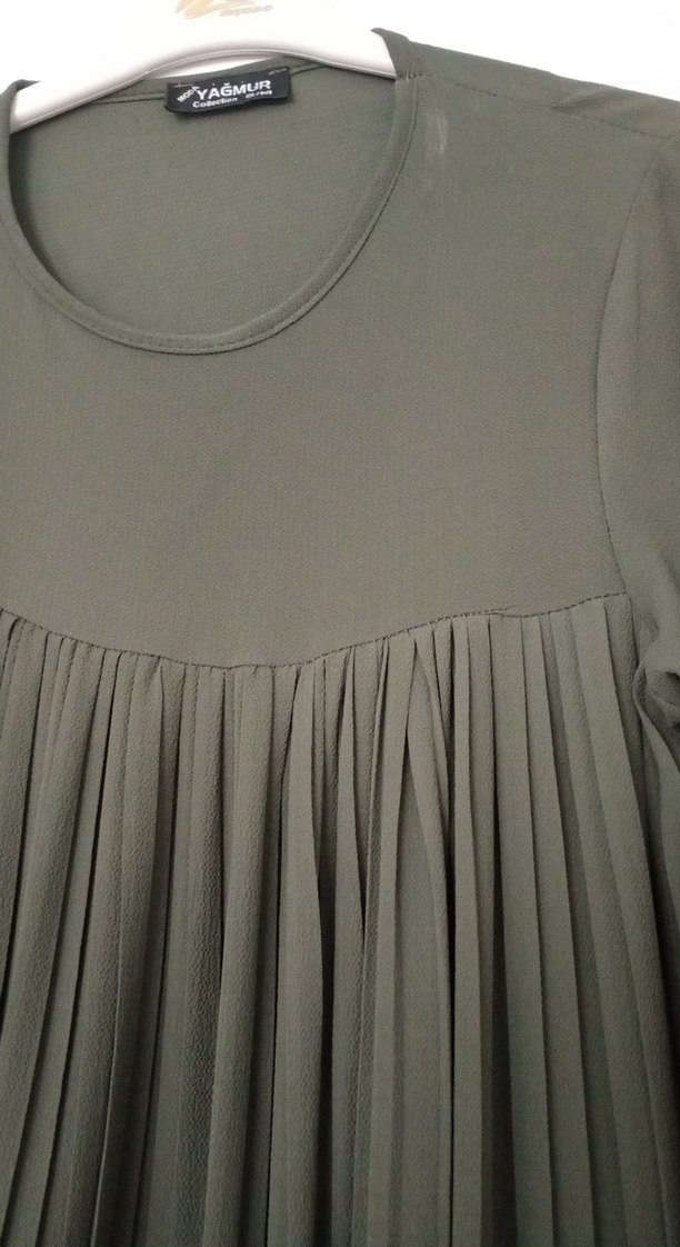 Kadın Koyu Haki Pilili Uzun Keten Tunik - Görsel 3