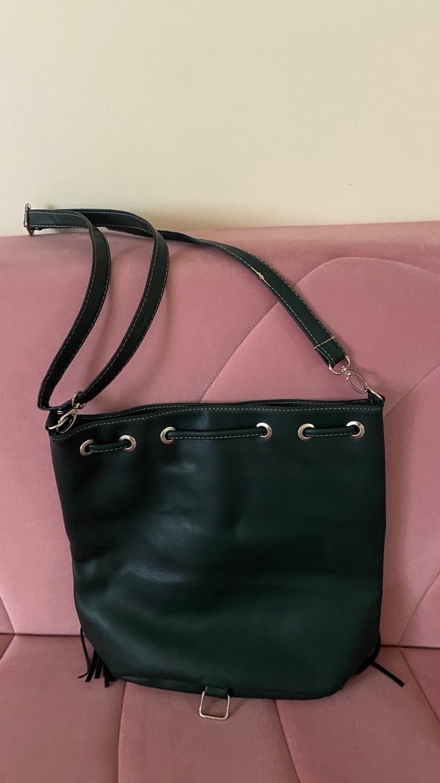 Koyu Yeşil Suni Deri Püsküllü Bohem Kadın Çanta - Görsel 3