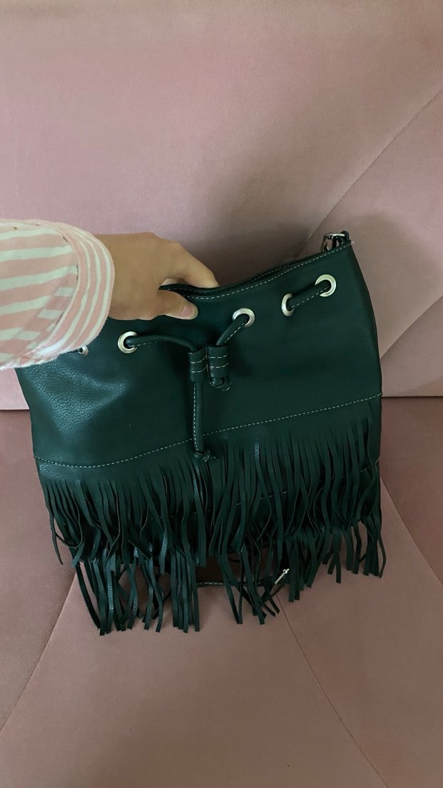 Koyu Yeşil Suni Deri Püsküllü Bohem Kadın Çanta - Görsel 4