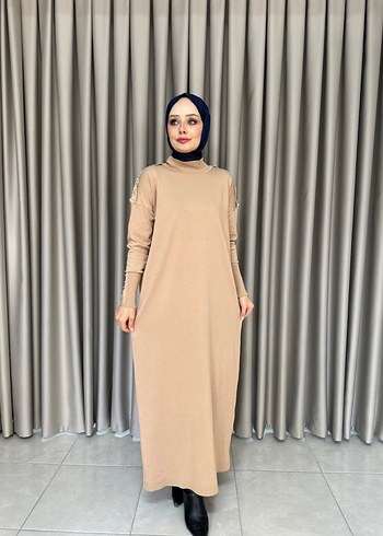 Diğer Düğmeli Bej Uzun Kollu Boğazlı Triko elbise