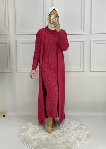Pembe Triko Uzun Elbise ve Hırka Takımı İNDİRİMLİ ÜRÜNN