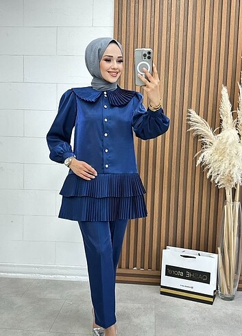 Tesettür ikili takım tunik pantolon takım kehribar