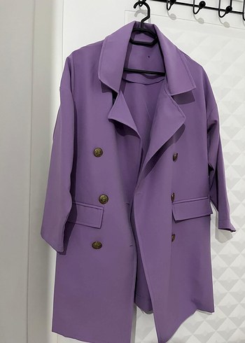 Düğmeli Uzun Mor Kadın Blazer Ceket