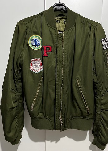 Nakışlı Fermuarlı Yeşil Street Wear Kadın Ceket haki yeşili ceke