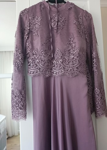 Mor Dantel Detaylı Uzun Kadın Abiye Elbise - Görsel 2