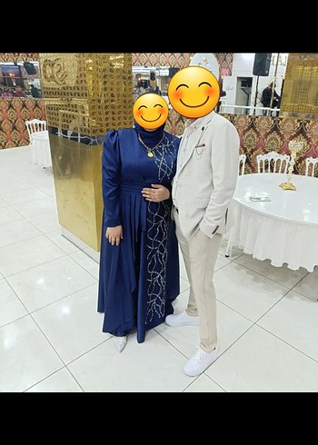 Abiye Uzun Kollu İşlemeli Mavi Abiye Elbise 46, 48 , 50 beden uyumlu