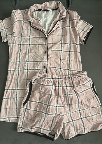 Pembe Ekose Kadın Kısa Kollu Mini Pijama Takımı