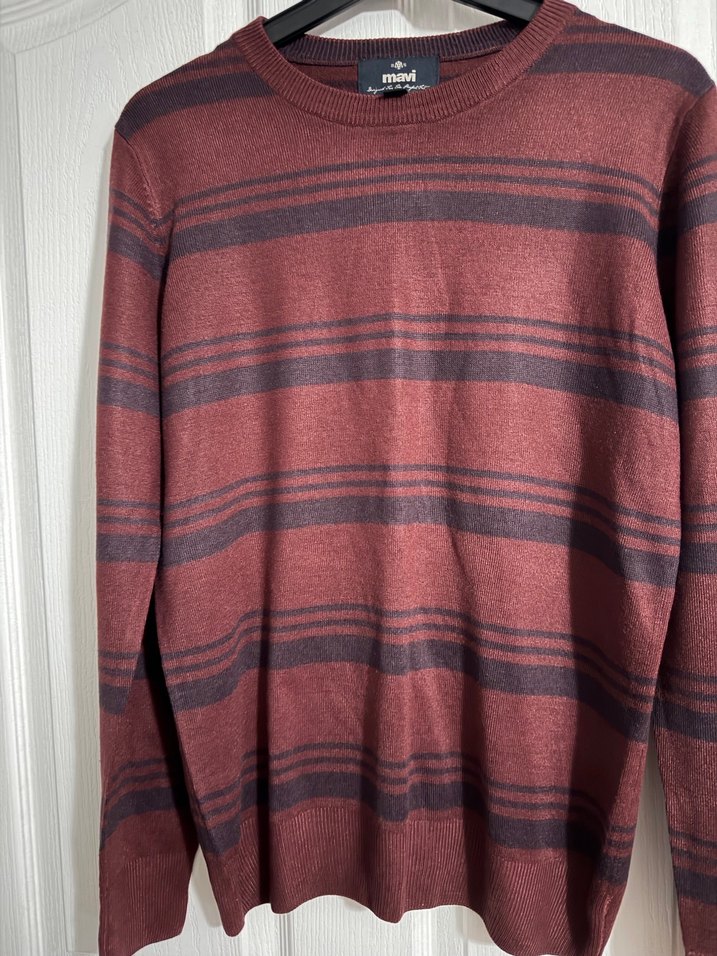 Bordo Çizgili Örgü Yün Erkek Kazak - Görsel 2
