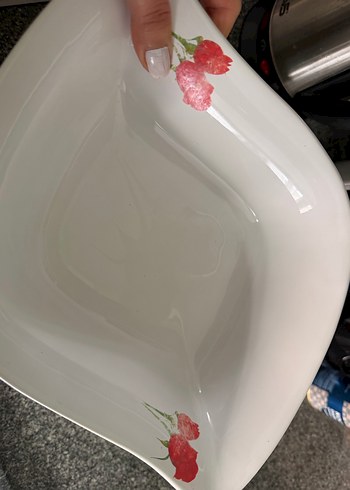 Kırmızı Çiçek Desenli Beyaz Porselen meyve kasesi - Görsel 5