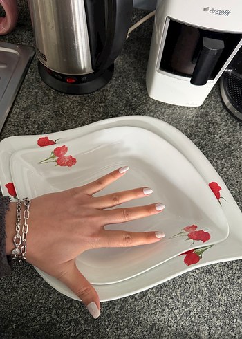 Kırmızı Çiçek Desenli Beyaz Porselen meyve kasesi - Görsel 6