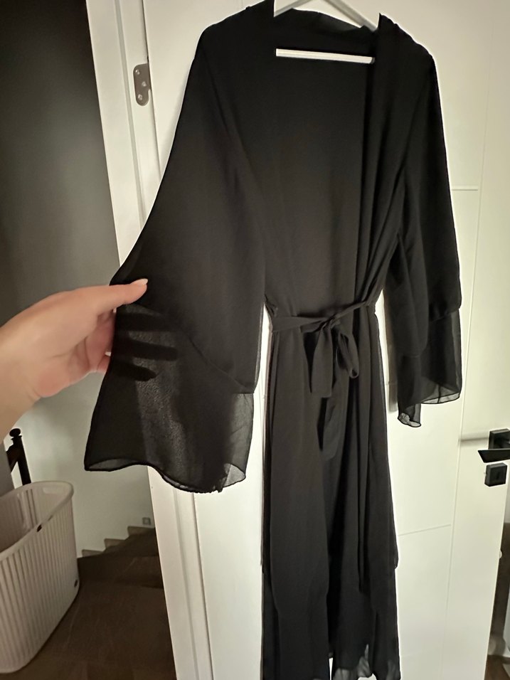 Siyah Uzun Drapeli Kadın ceket- sabahlık - Görsel 2