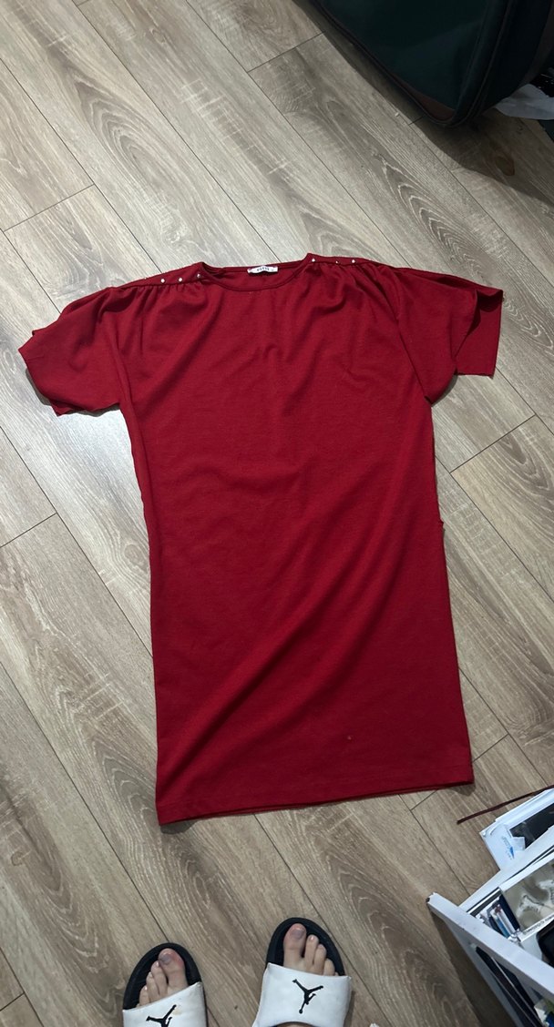 Bordo Kısa Kollu Salaş Hamile Elbisesi - Görsel 2