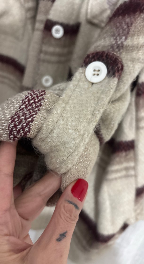 Düğmeli Kahverengi Gri Yün Kadın Gömlek - Görsel 2