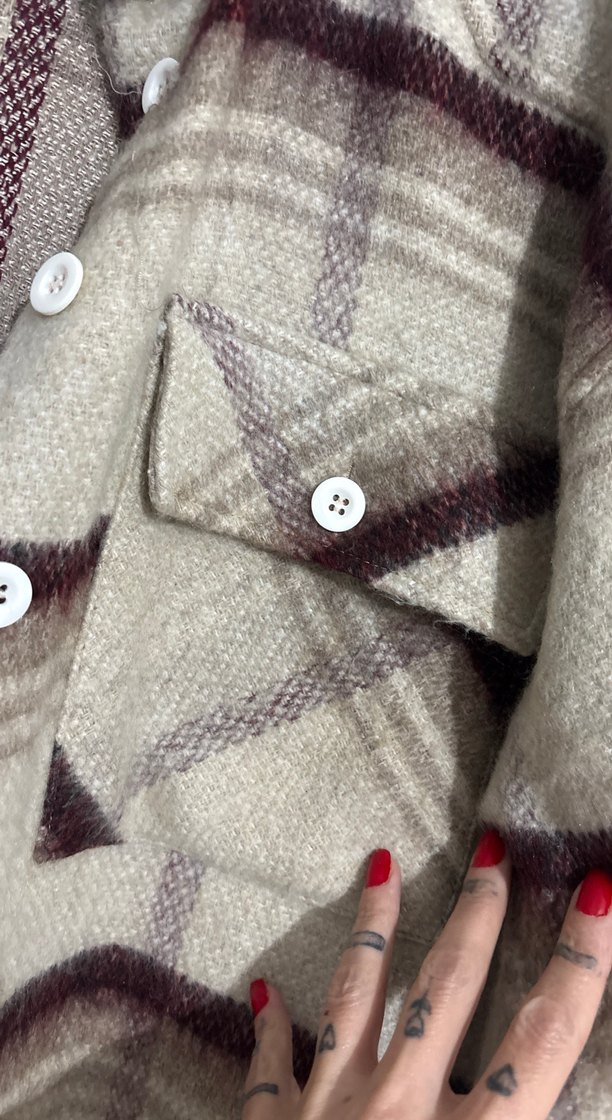 Düğmeli Kahverengi Gri Yün Kadın Gömlek - Görsel 4