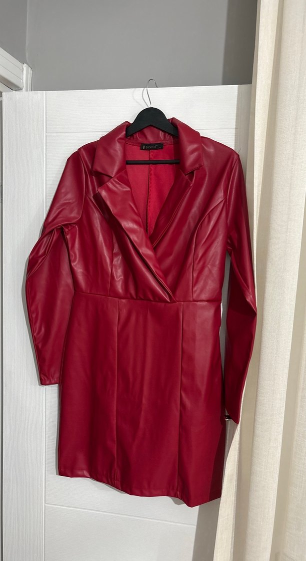Kırmızı Deri Uzun Kesim Kadın Ceket - Görsel 4