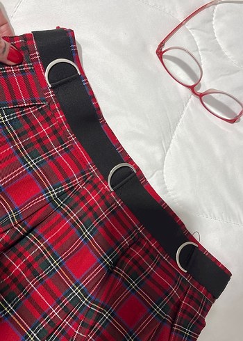 Kadın Kırmızı Pileli Ekose Mini Etek - Görsel 2