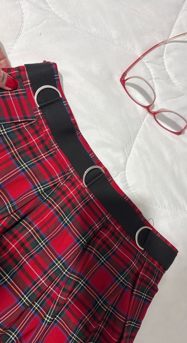 Kadın Kırmızı Pileli Ekose Mini Etek - Görsel 2