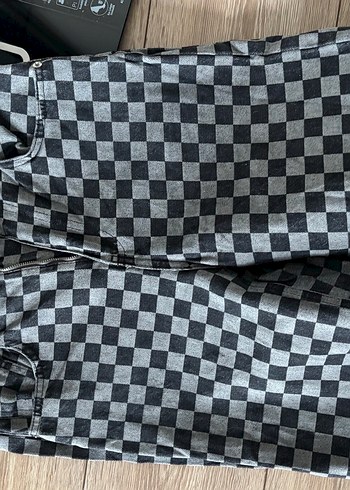 Gri Kareli Bol Kesim Kot Pantolon - Görsel 2