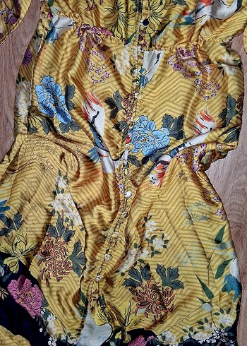 s Beden kahverengi Renk Bohem Çiçek Desenli Saten Kimono
