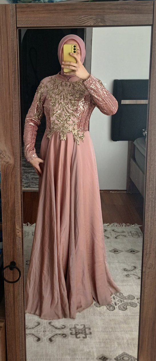 Gül kurusu İşlemeli Uzun Kollu Tesettür Abiye Elbise - Görsel 4