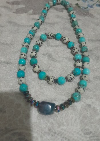 Uzun Boncuklu Turkuaz ve Dalmacyali Jasper dogal tas - Görsel 2