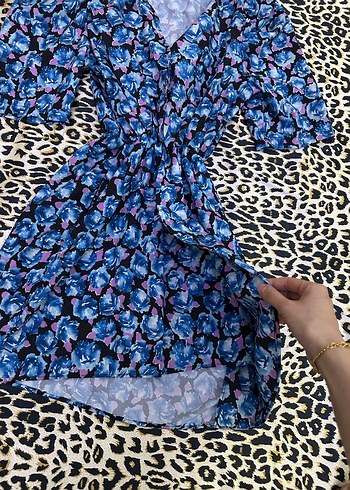 Bohem Kısa Mavi Batik Desenli Kadın Elbise - Görsel 4