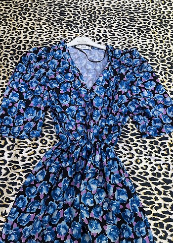 Bohem Kısa Mavi Batik Desenli Kadın Elbise - Görsel 2