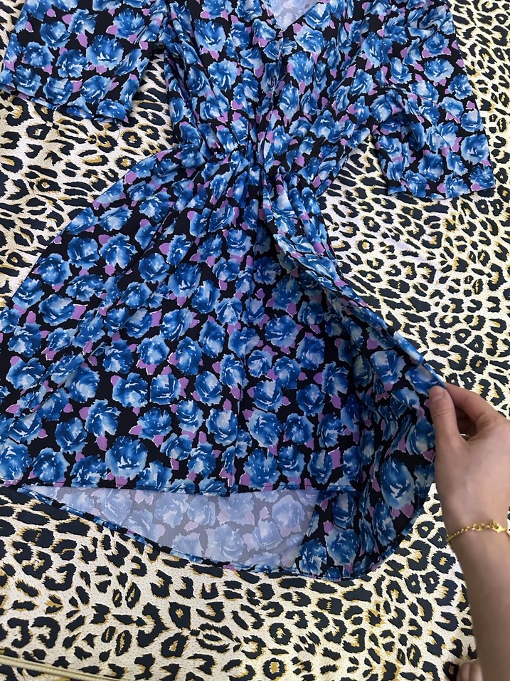 Bohem Kısa Mavi Batik Desenli Kadın Elbise - Görsel 5