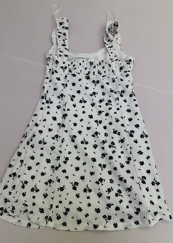 Beyaz Siyah Çiçek Desenli Fırfırlı Mini Elbise - Görsel 9