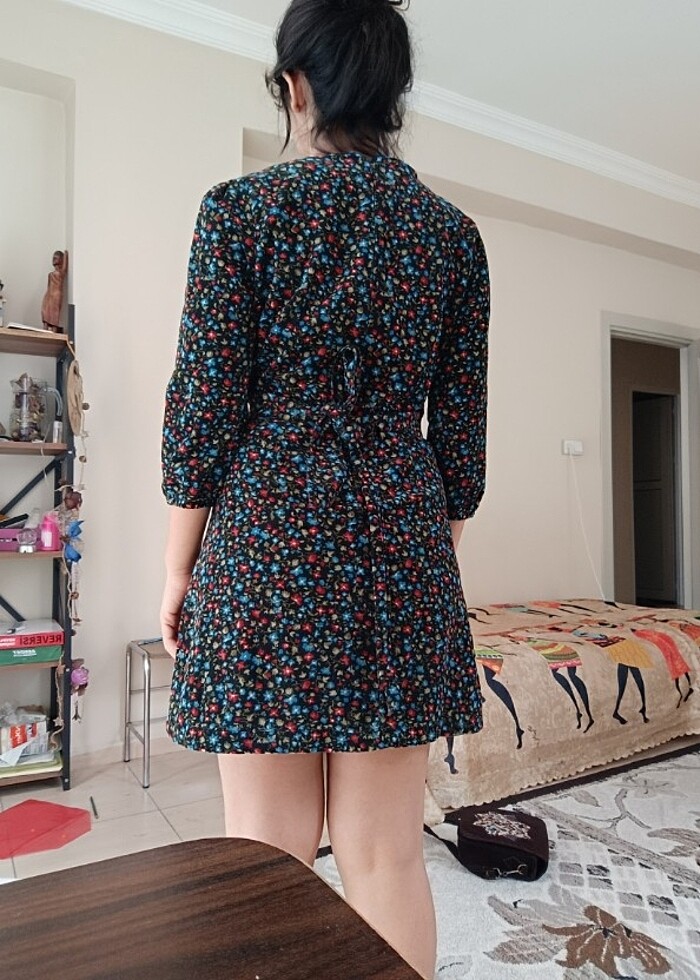 Çiçekli Kadife elbise, koton - Görsel 2