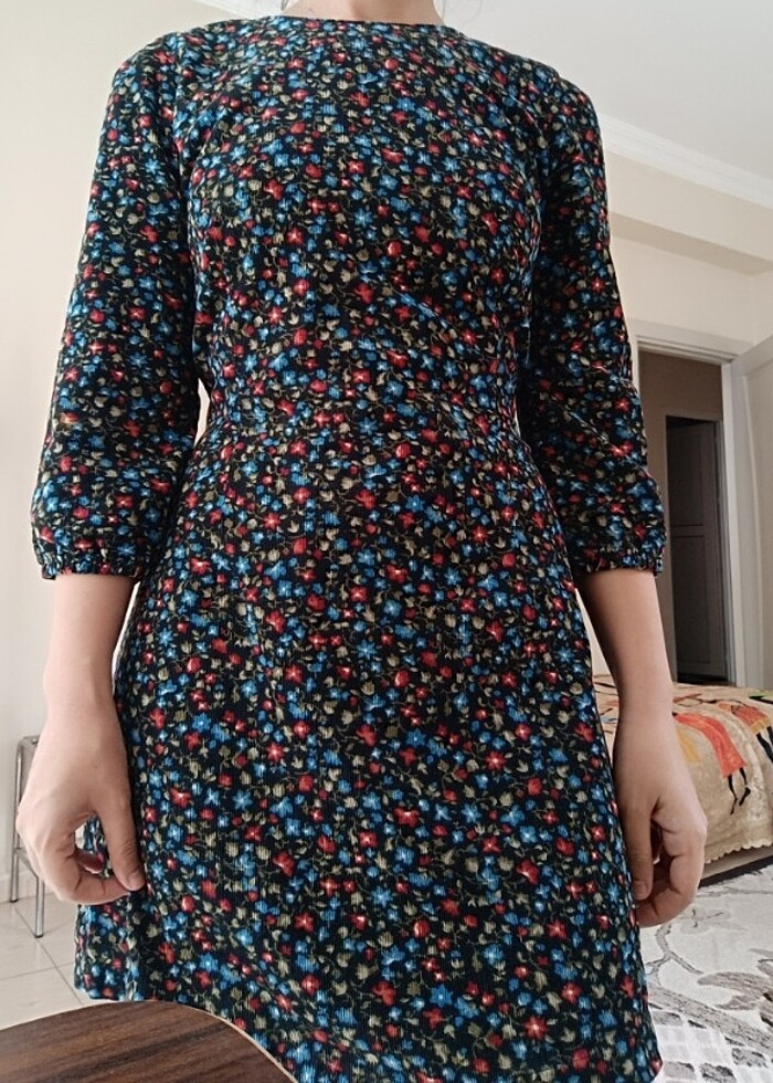 Çiçekli Kadife elbise, koton - Görsel 3