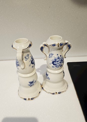 Mavi Çiçek Desenli Seramik Şamdanlık Çifti - Görsel 4