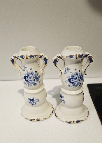 Mavi Çiçek Desenli Seramik Şamdanlık Çifti - Görsel 2