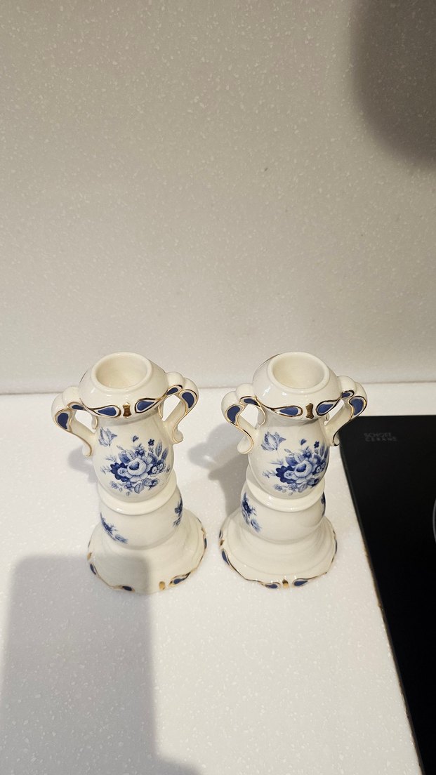 Mavi Çiçek Desenli Seramik Şamdanlık Çifti - Görsel 3