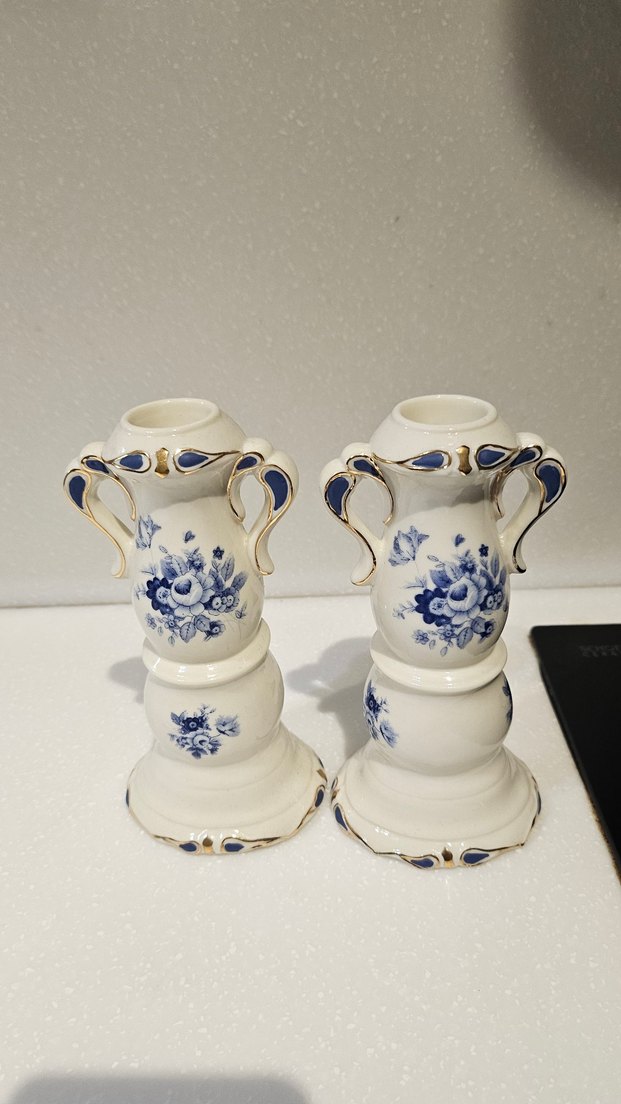 Mavi Çiçek Desenli Seramik Şamdanlık Çifti - Görsel 2