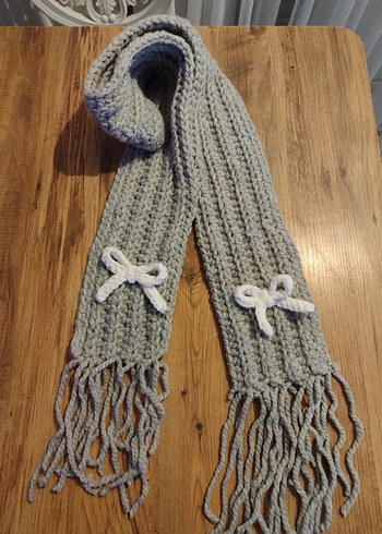 Gri Örgü Kadın Atkı Fiyonk Detaylı - Görsel 6