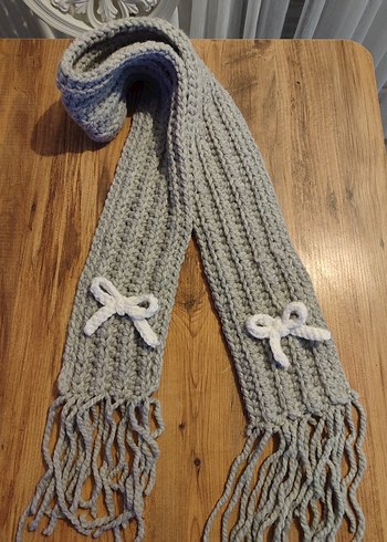 Gri Örgü Kadın Atkı Fiyonk Detaylı - Görsel 3