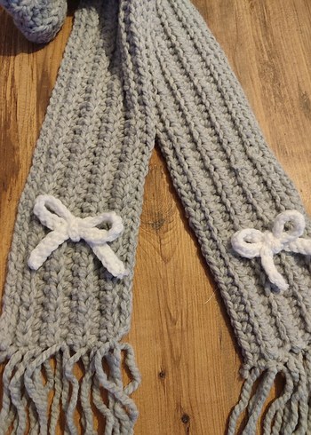 Gri Örgü Kadın Atkı Fiyonk Detaylı - Görsel 5