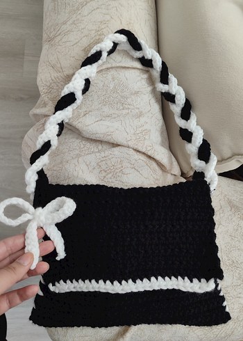 Örgü Detaylı Siyah Beyaz Kadın Çanta - Görsel 2