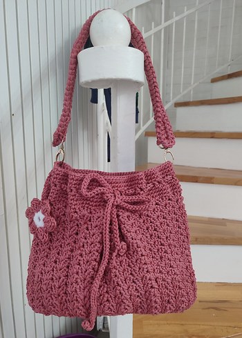 Pembe Örgü Dantel Detaylı Bohem Çanta - Görsel 3