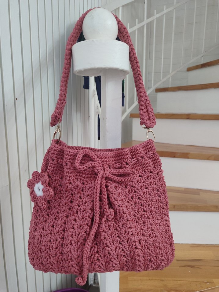 Pembe Örgü Dantel Detaylı Bohem Çanta - Görsel 3
