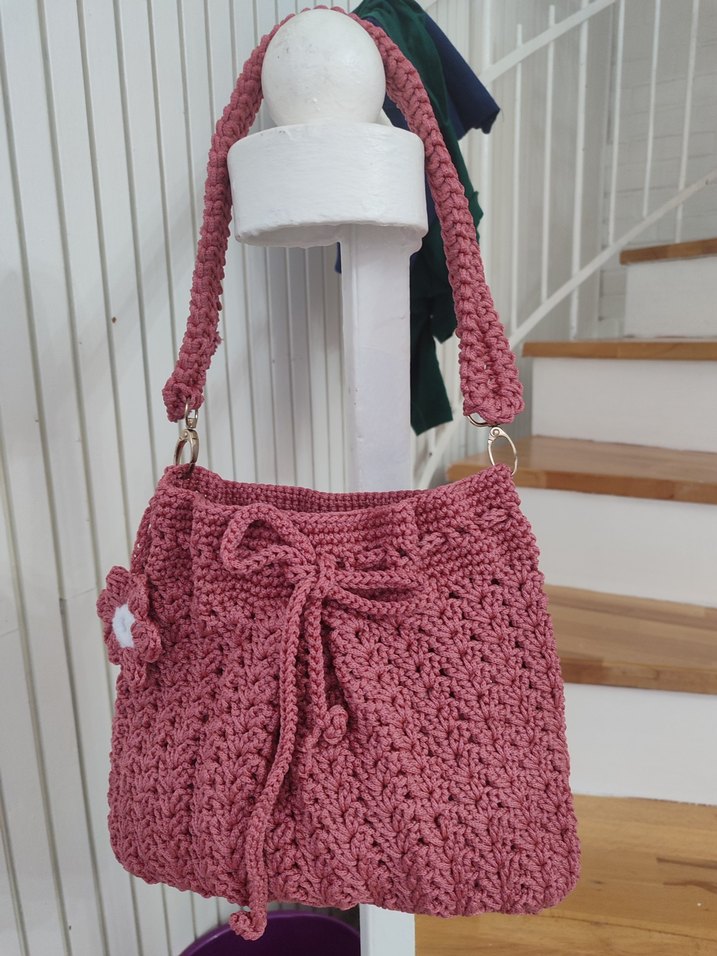 Pembe Örgü Dantel Detaylı Bohem Çanta - Görsel 4