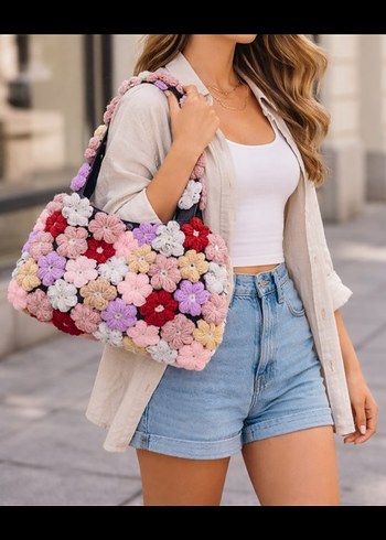 Çiçek Desenli Örgü Kadın Çanta - Görsel 2