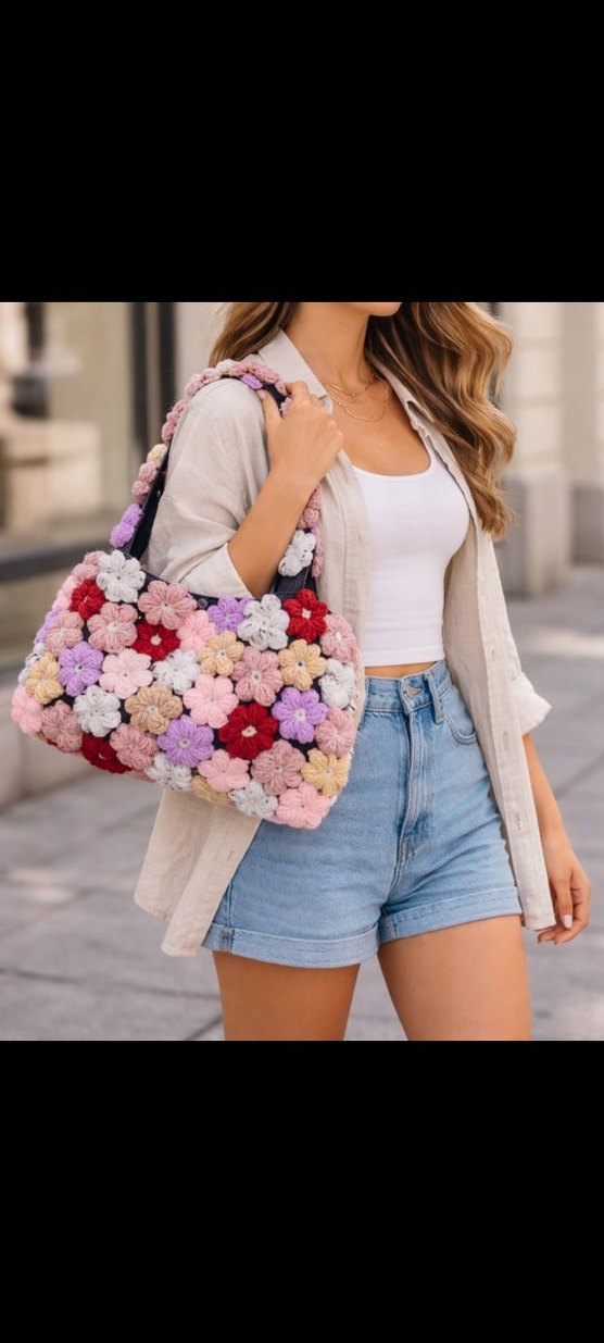 Çiçek Desenli Örgü Kadın Çanta - Görsel 2