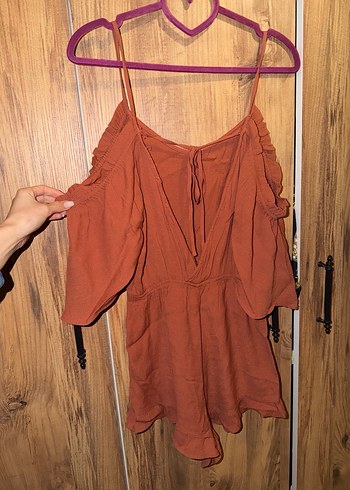 Kahverengi Keten Volanlı Kadın Tulum - Görsel 4