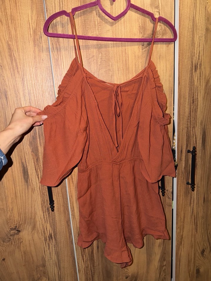 Kahverengi Keten Volanlı Kadın Tulum - Görsel 4