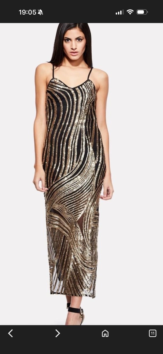 Uzun, İnce Askılı, V Yakalı Altın Abiye Elbise - Görsel 3